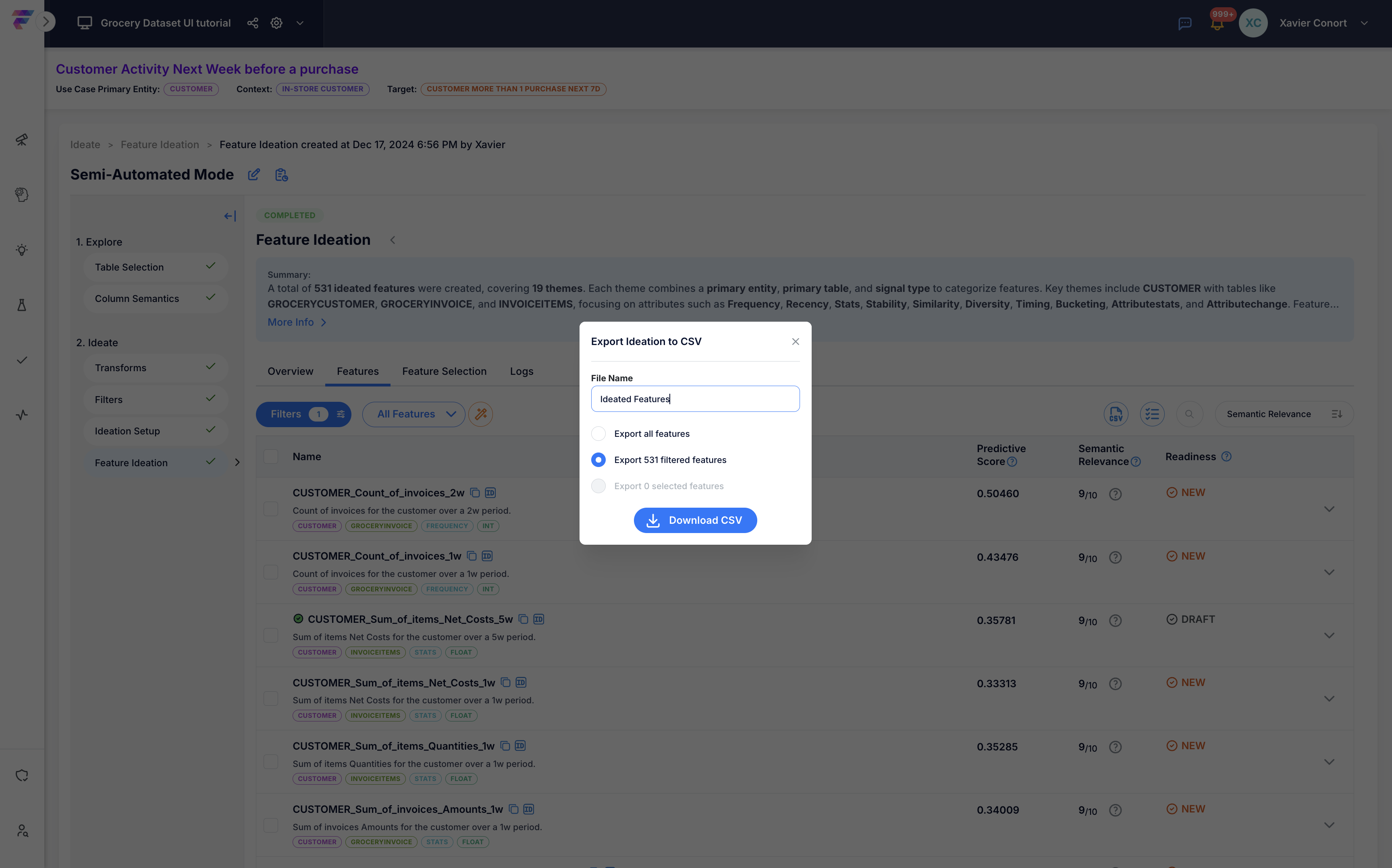 Download ideated features csv file