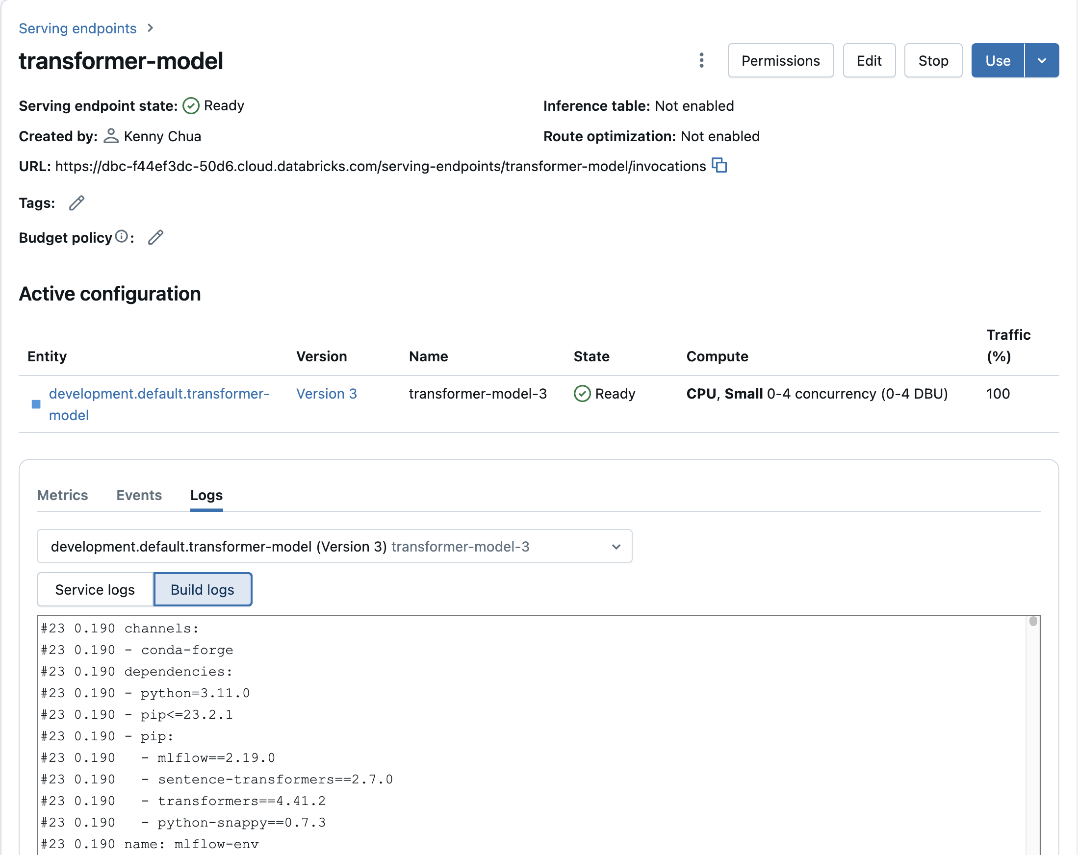 DataBricks serving endpoint logs