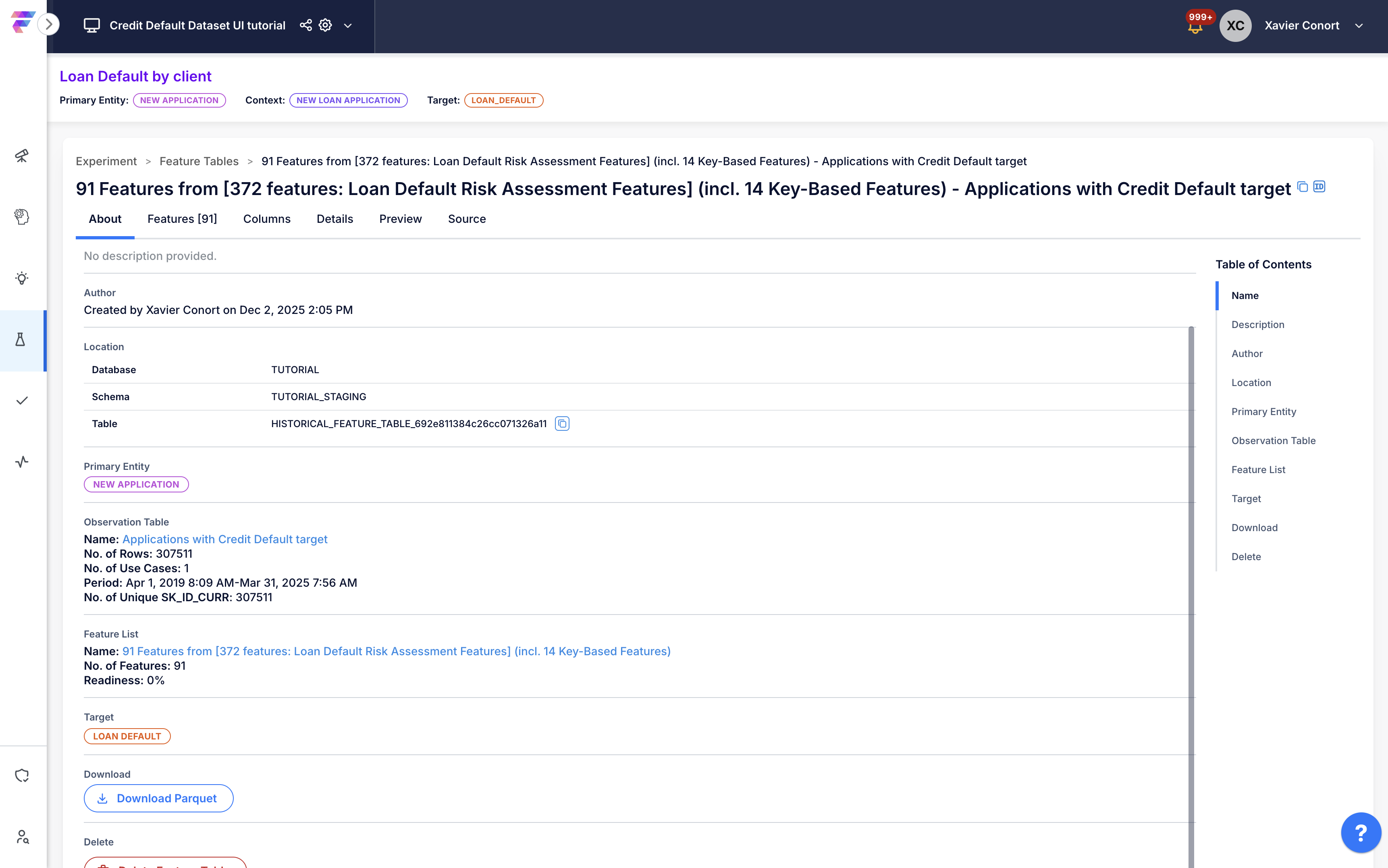 Feature table catalog