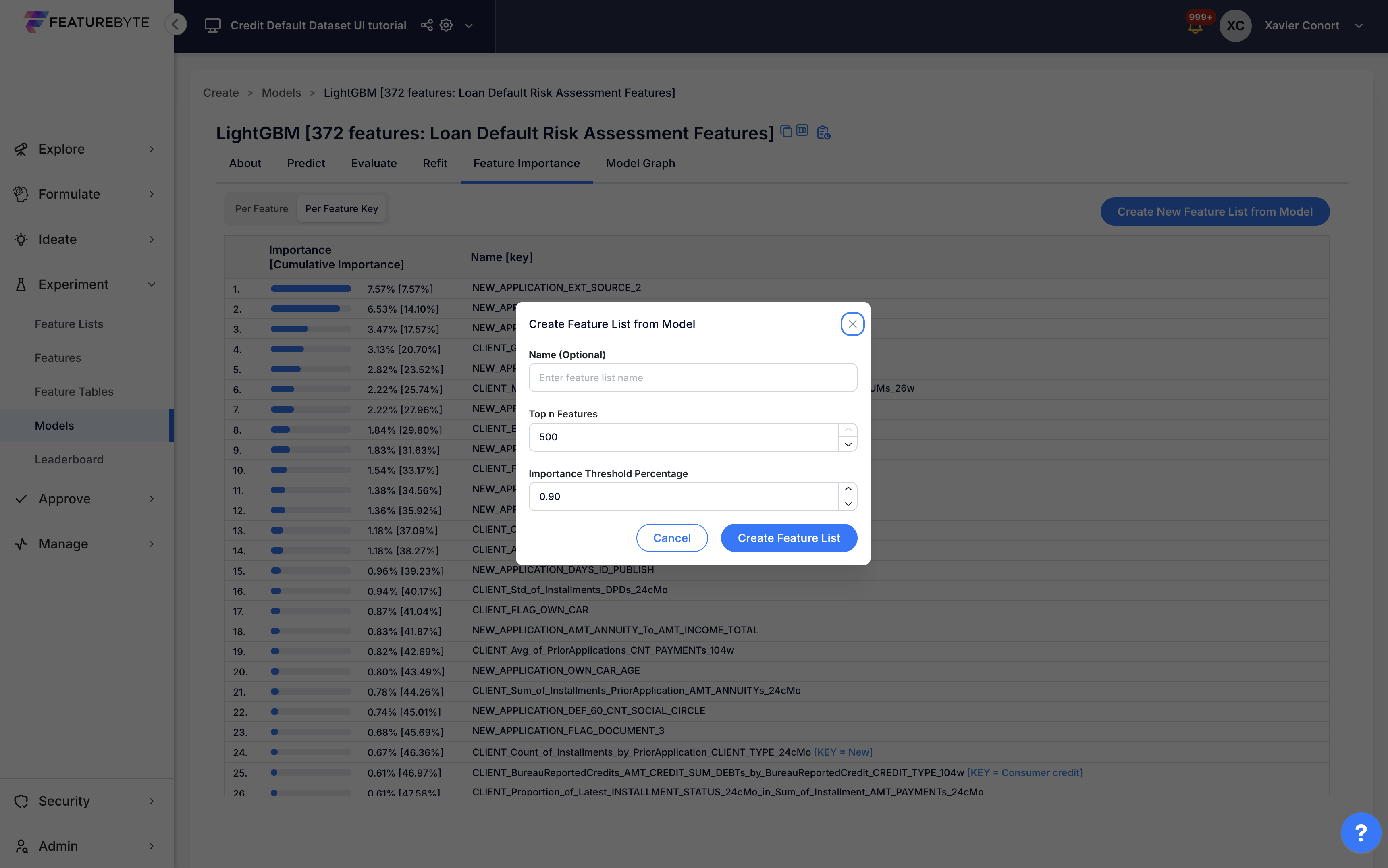 Feature list from model