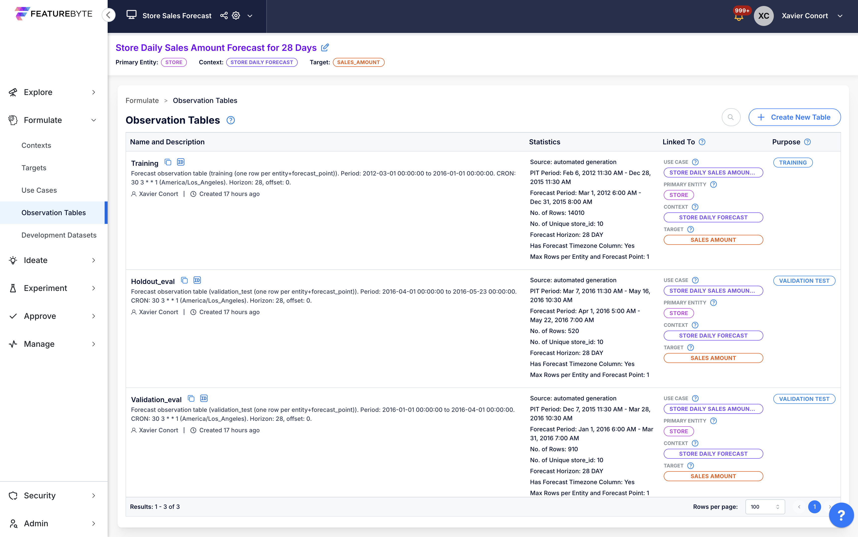 Observation Table Catalog